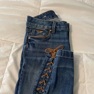Lace up ankle denim w brown faux leather trim